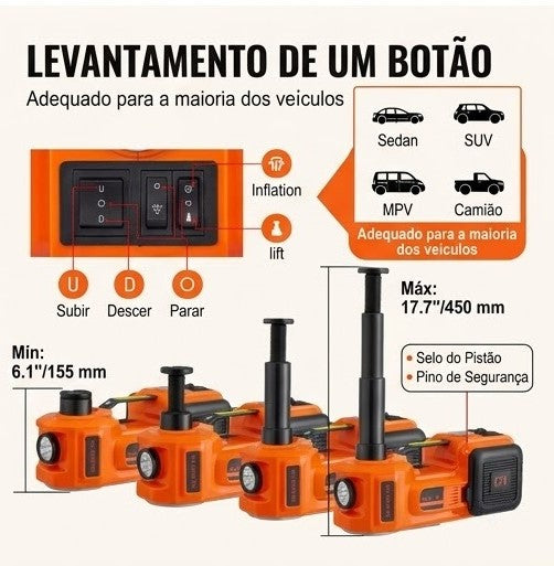 🚗 Kit Macaco Eléctrico 5T 4-em-1 — Compressor + Pistola + Lâmpada LED