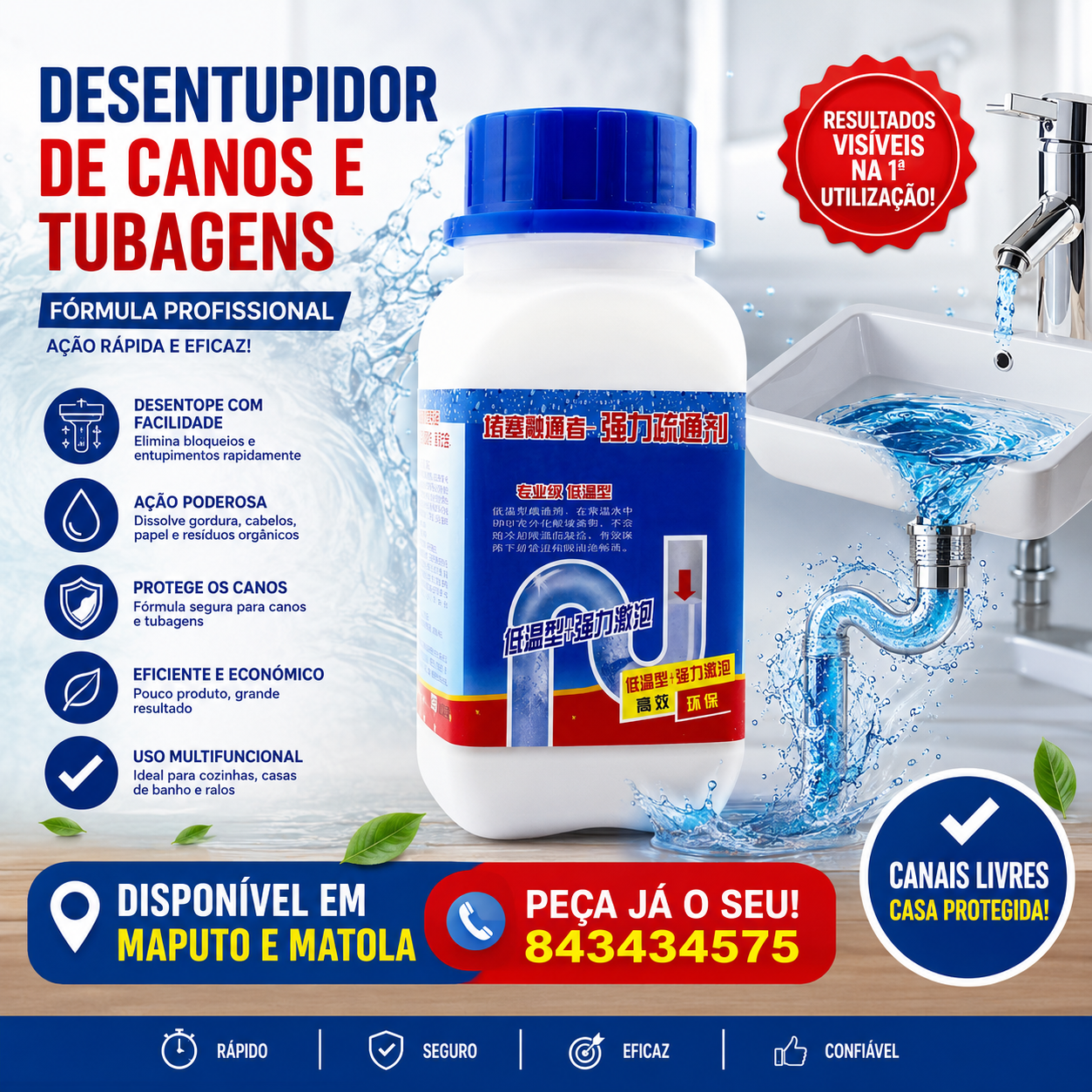 ⚡ Ação Rápida – Desentupidor de Canos em Pó!