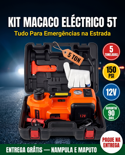 🚗 Kit Macaco Eléctrico 5T 4-em-1 — Compressor + Pistola + Lâmpada LED